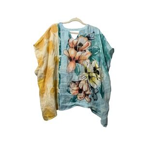 Chico's Shirt Womens XL Blue‎ Yellow 100% Linen Floral Poncho Kaftan Tunic Boho